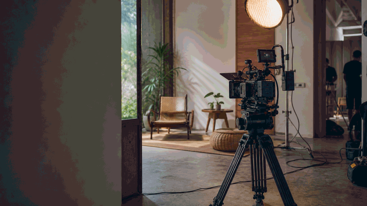Cinema camera prepared on a compact interior set